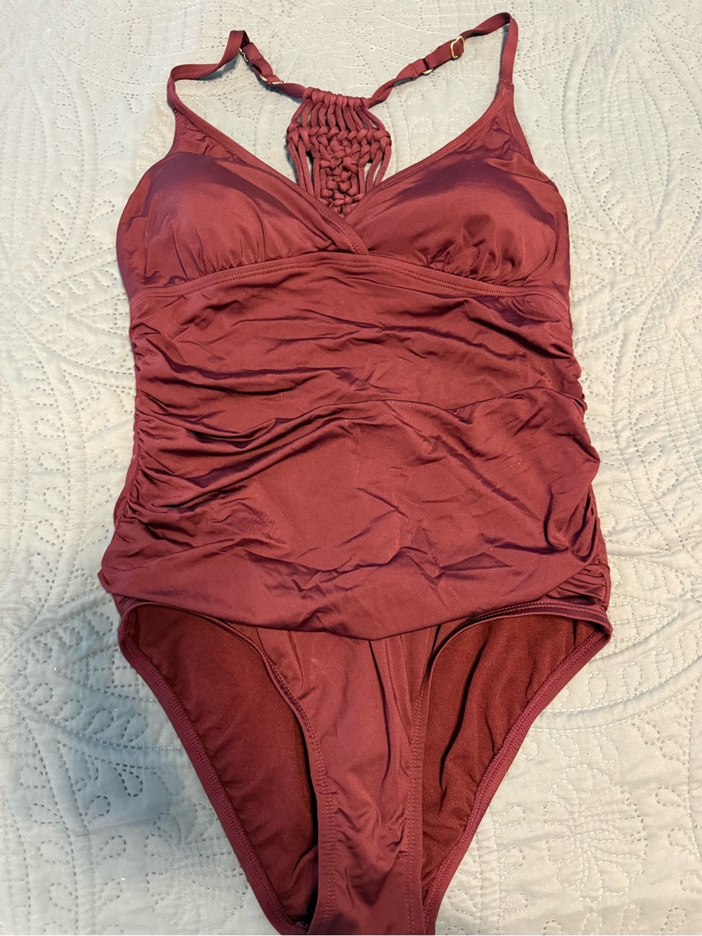 Ruched Macramé One-Piece Swimsuit - Burgundy